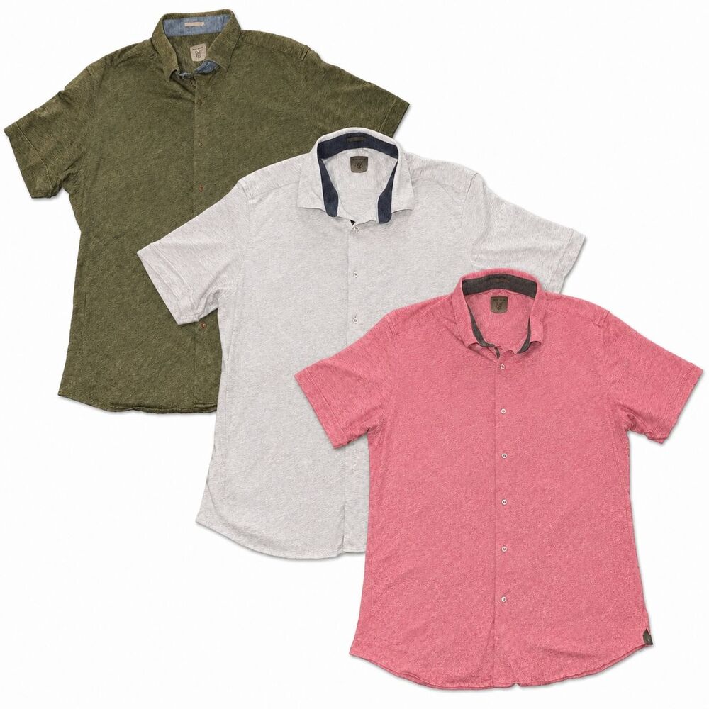Rare Rabbit Miraj Men’s L Shirt Lot 3 Pink Olive Beige Short Sleeve Button Up